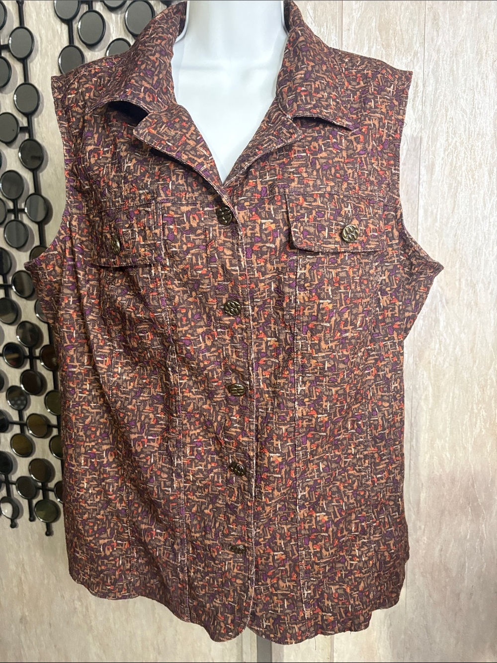 CJ Banks Brown Multi Sleeveless Button-Front Collared Top